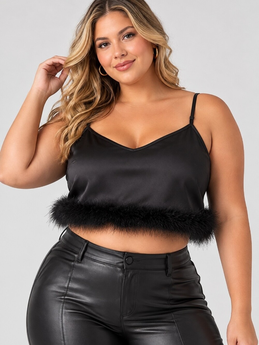 Forever 21 Black Satin Faux-Fur Trim Cropped Cami